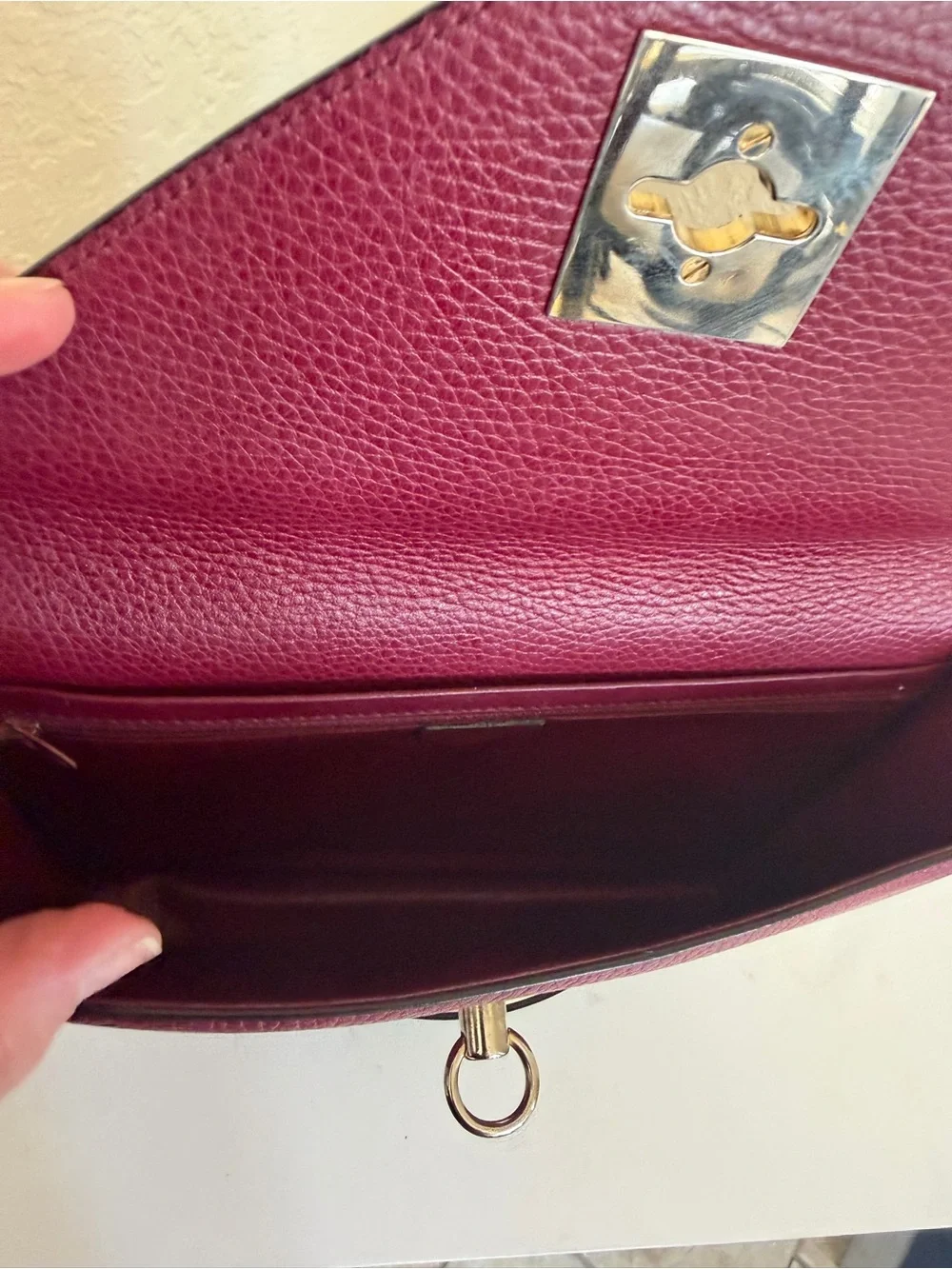 Celine Wine Red Pebbled Leather Envelope Clutch Purse Gold Hardware